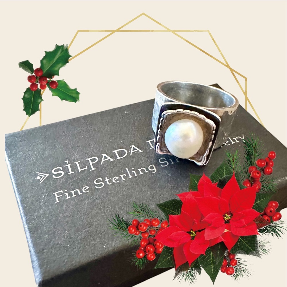 SILPADA Sterling Silver Pearl Ring R0898 | Hammered Wide Band Size 7 Gift Box - Picture 3 of 11